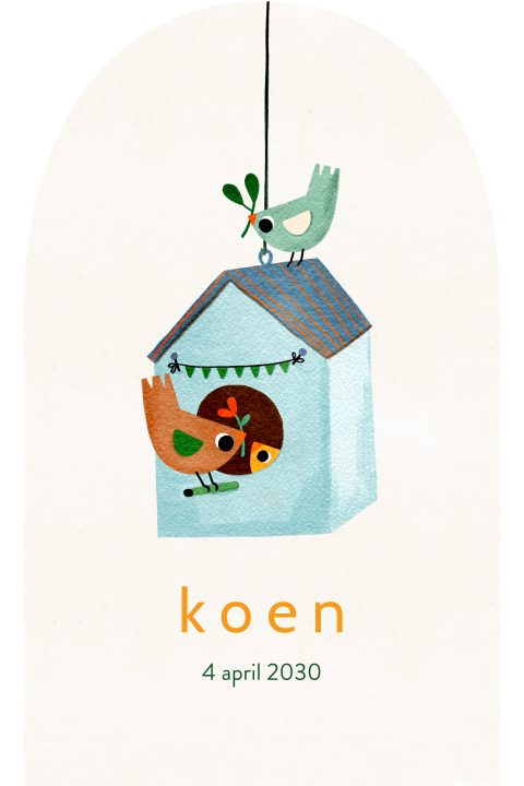 Geboortekaartje boogvorm vogelhuisje vogeltjes blauw
