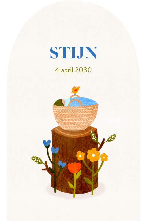 Geboortekaartje boogvorm bloemen boomstam wiegje jongen