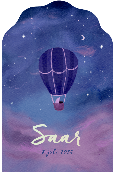 Geboortekaartje waterverf sterrenhemel luchtballon
