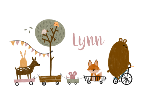 Geboortekaartje bosdieren treintje roze