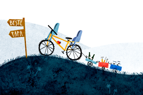 Wenskaart vaderdag twee kindjes mountainbike