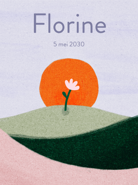 Geboorteposter landschap ondergaande zon bloem lila