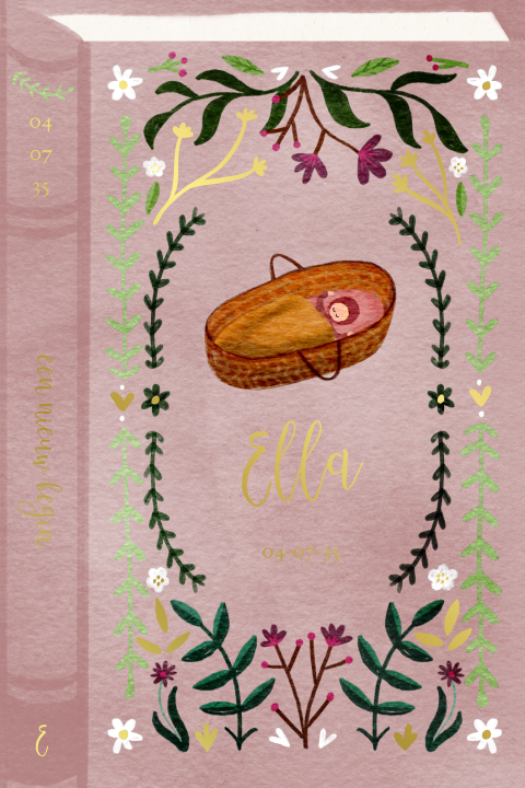 Geboortekaart boek voorkant goudfolie bloemen wiegje