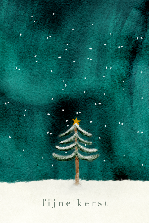 Kerstkaart wenskaart boom sneeuw noorderlicht
