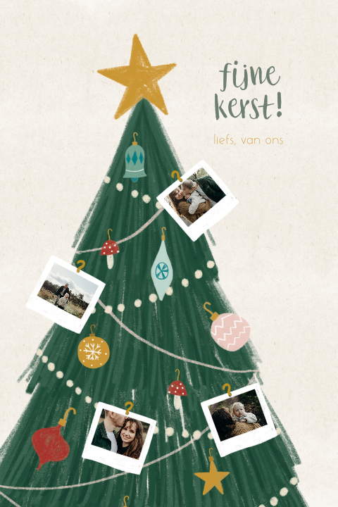 Kerstkaart persoonlijke wenskaart kerstboom polaroid kerstballen