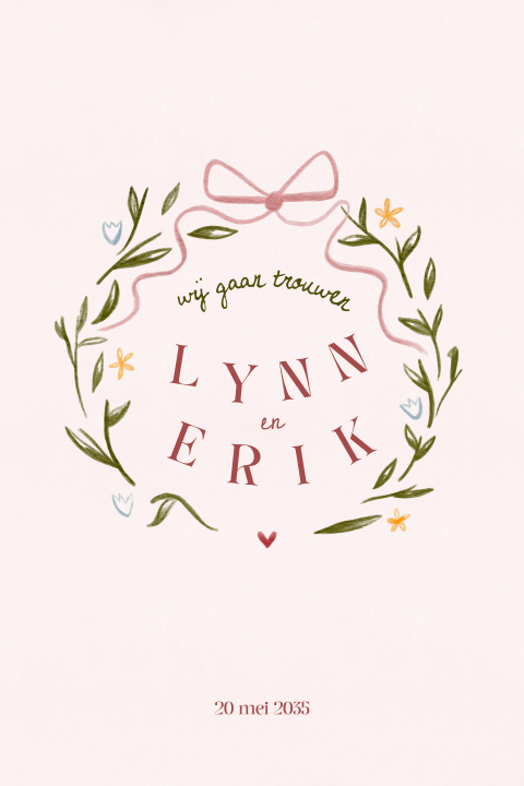 Romantische geïllustreerde trouwkaart met blaadjes krans en strik