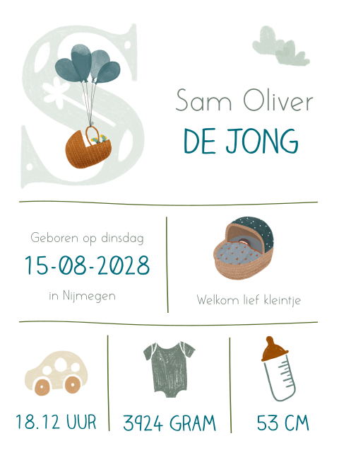 Poster geboortegegevens babykamer blauw groen