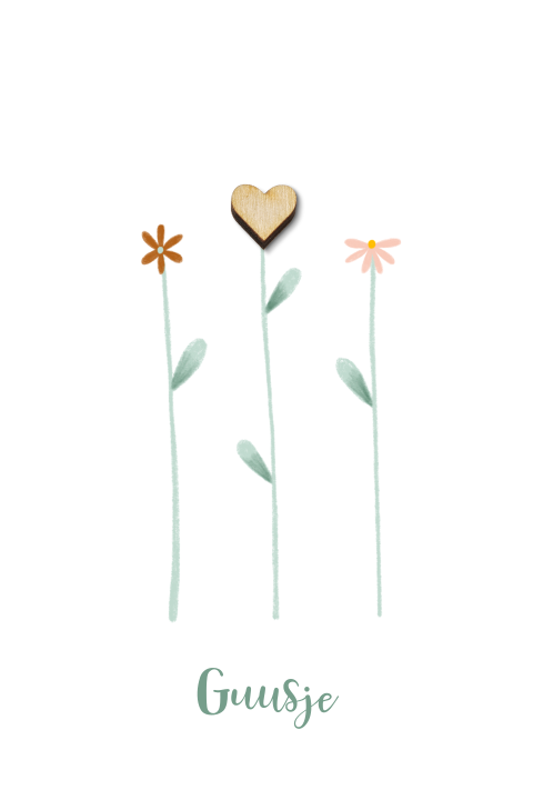 Geboortekaartje Bloemetjes met houten hartje