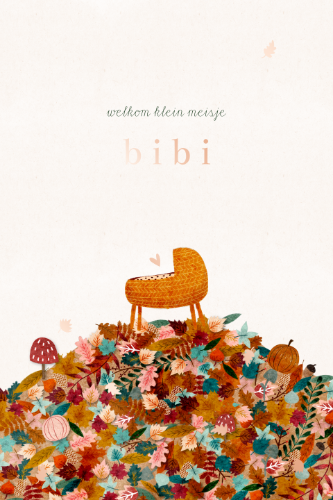 Geboortekaartje herfst wiegje blaadjes stapel
