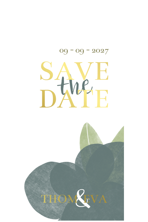 Save the date bloemen boeket boog goudfolie
