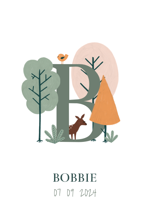 Geboortekaartje Initiaal bos diertjes
