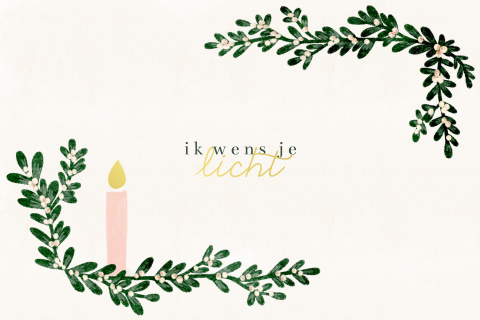 Kerstkaart mistletoe kaarsje goudfolie Ik wens je licht