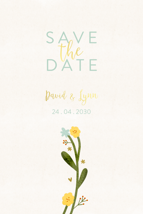 Save the date bloemen krans vrolijk goudfolie