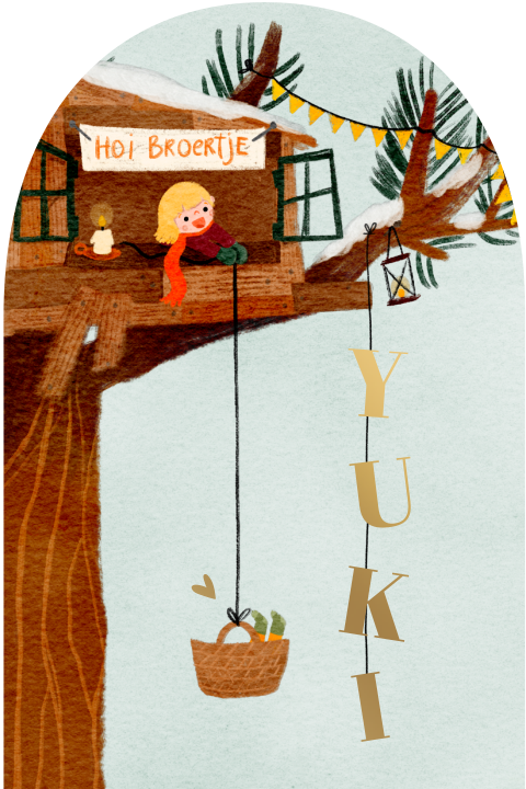 Geboortekaartje boog boomhut winter grote zus goudfolie