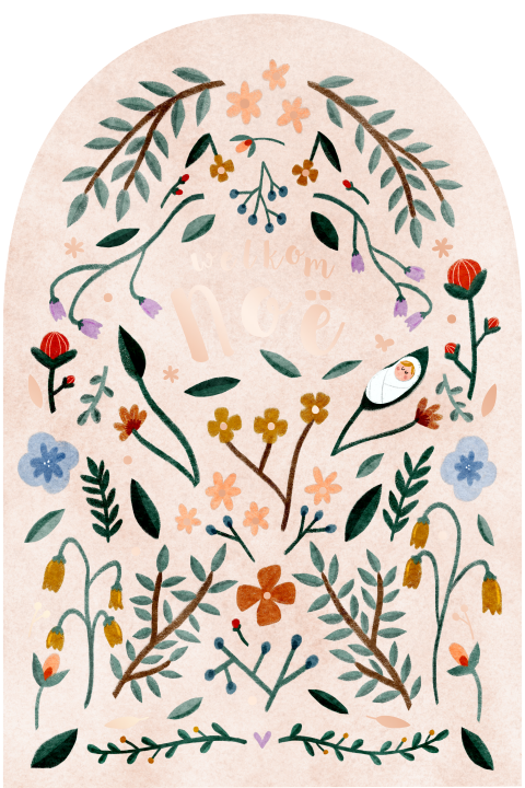 Geboortekaartje boog bloemen takjes patroon