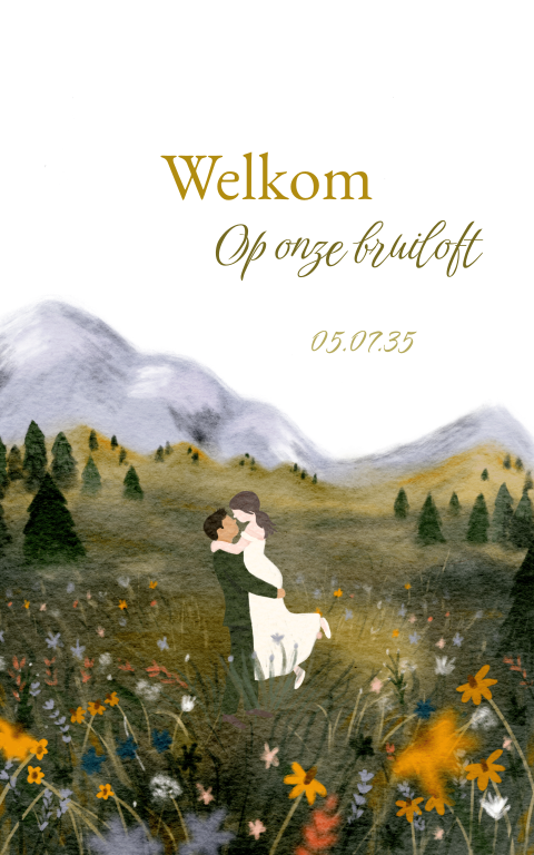 Bruiloftsbord met portret in bloemenveld en bergen