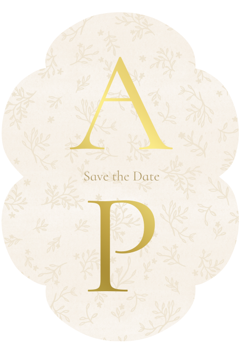 Save the date met scallop rand, goudfolie en botanisch patroon