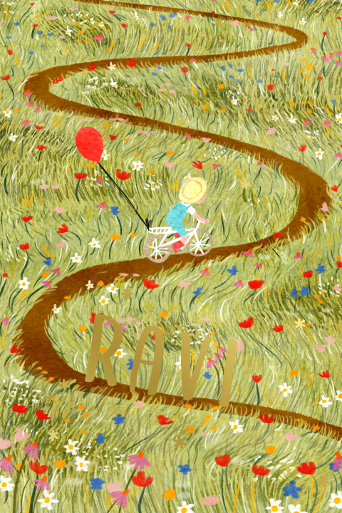Lief geboortekaartje illustratie kindje op de fiets in bloemenveld