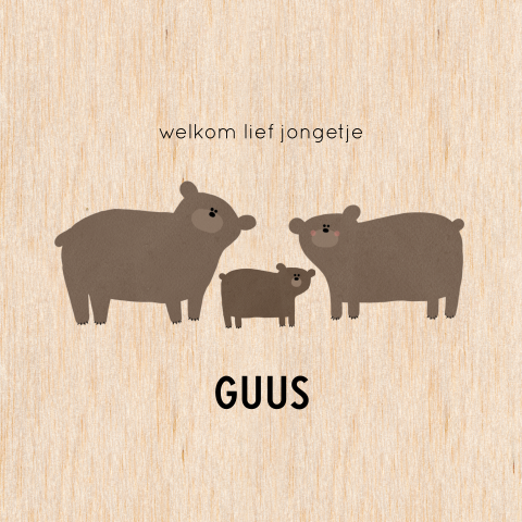 Geboortekaartje beertjes, gedrukt op echt hout