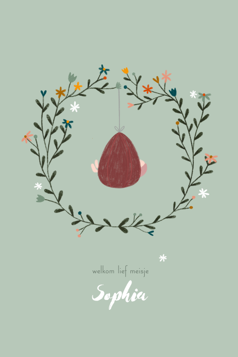 Geboortekaartje bloemenkrans draagzakje