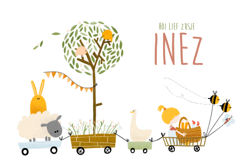 Geboortekaartje lente dieren treintje grote zus