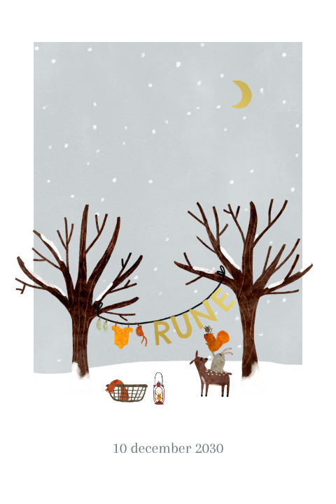 Geboortekaartje sneeuw bomen bosdieren maantje