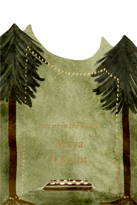 Labelkaart trouwkaart illustratie diner in het bos