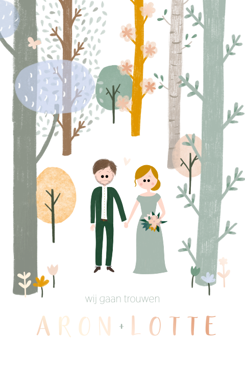 Trouwkaart bos portret bruidspaar