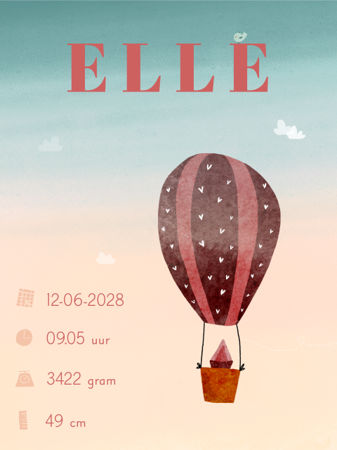 Poster geboortegegevens waterverf luchtballon wiegje meisje