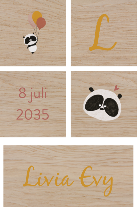 Houten blokken met naam, panda illustraties en datum