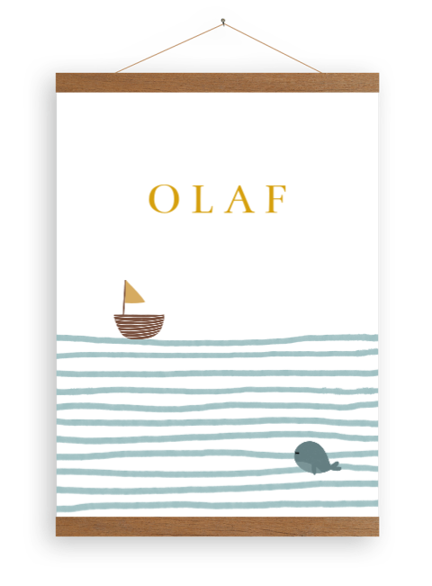 Canvasposter met latjes bootje walvis zee