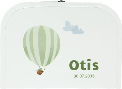 Kartonnen koffertje met naam, datum en luchtballon