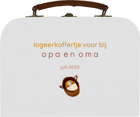 Houten koffertje logeerkoffertje, tekst met illustratie