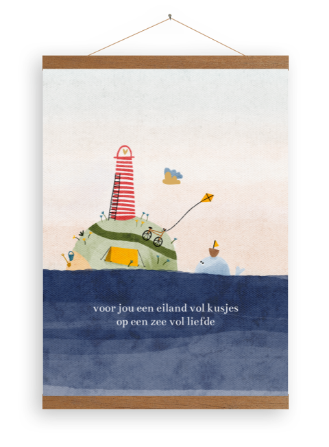 Canvasposter met latjes eiland zee walvis vlieger