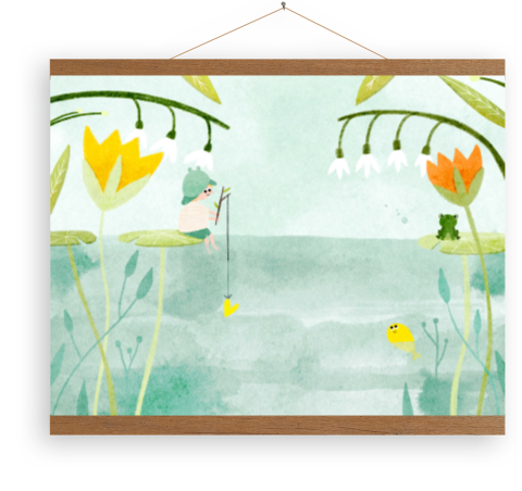 Canvasposter met latjes kindje vissen water zomer