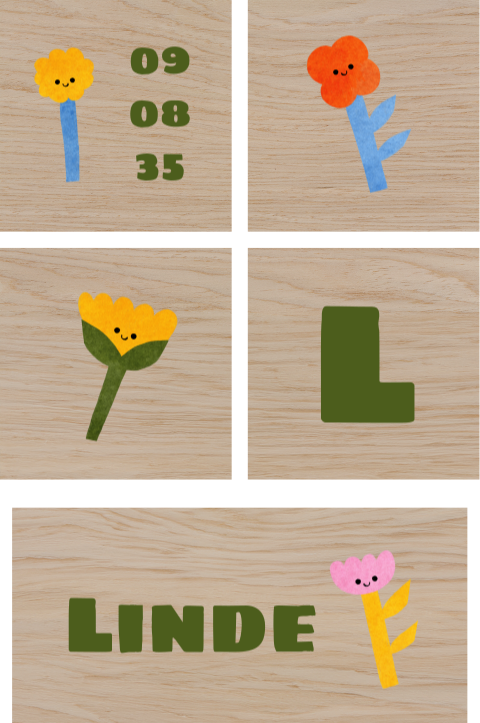 Houten blokken met naam en vrolijke bloemen