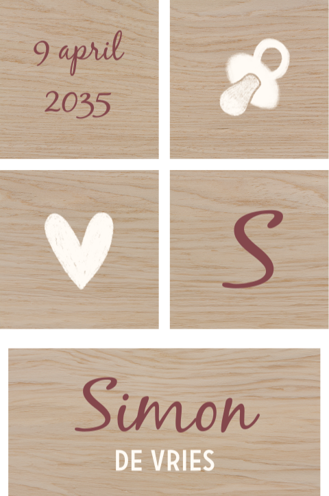 Minimalistische houten blokken met naam, illustraties en datum