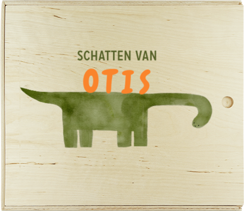 Memorybox schuifdeksel met naam en dino illustratie