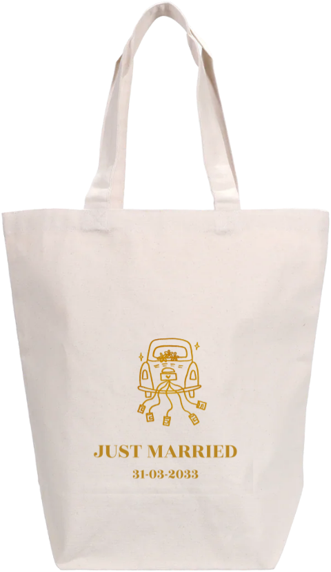 Tote bag tasje just married lijntekening auto