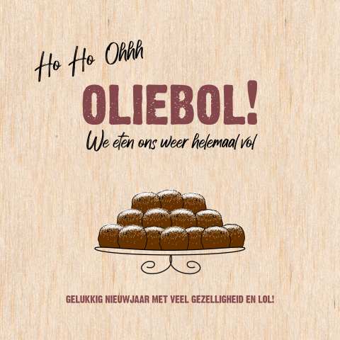 Houten nieuwjaarskaart met oliebollen en een grapje