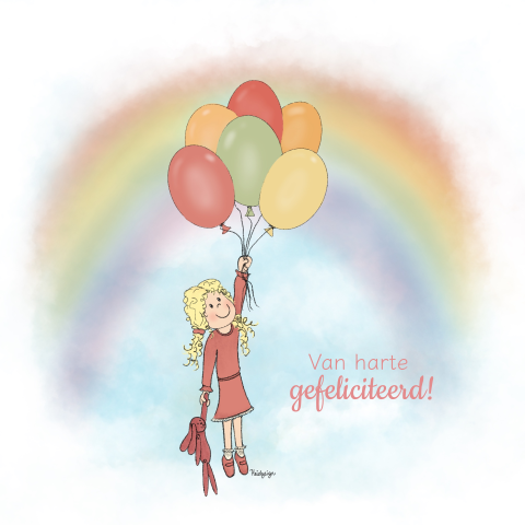 Schattige verjaardagskaart meisje met ballonnen en regenboog