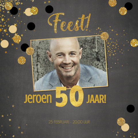 Hippe foto uitnodiging krijtbord en confetti 50 jaar