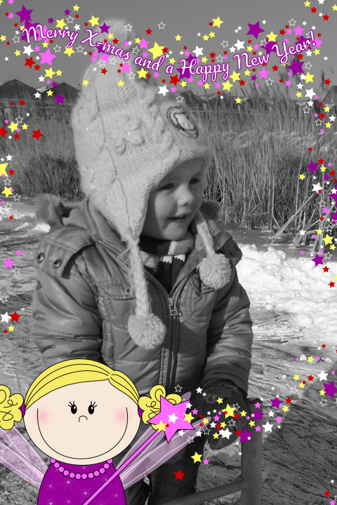 Foto kerstkaart met vrolijk fotokader met een FEEtje en sterren