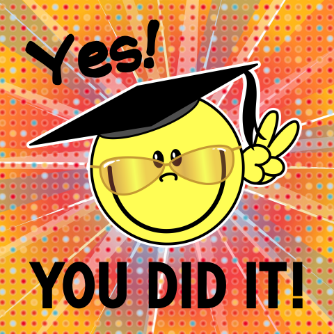 Geslaagd! Vrolijke, oranje felicitatie met een smiley