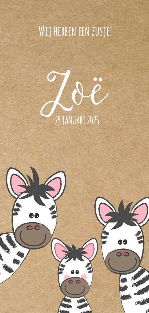 Geboortekaartje zusje kraft illustratie van schattige zebra's Zoë