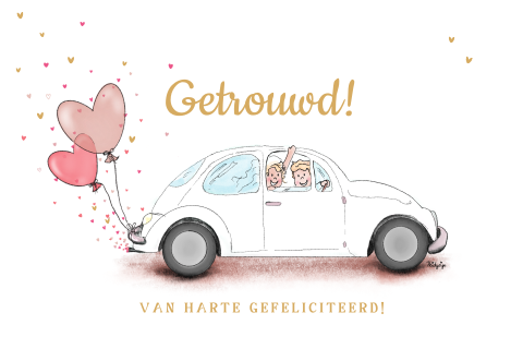 Felicitatiekaart huwelijk met bruidspaar in witte auto