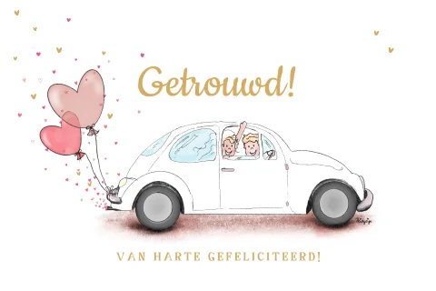 Felicitatiekaart huwelijk met bloemen en namen van het bruidspaar