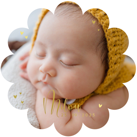 Origineel geboortekaartje in de vorm van een bloem met foto