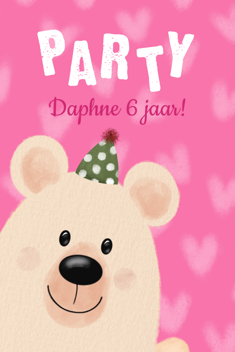 Kinderfeest roze uitnodiging beertje met feesthoed en hartjes