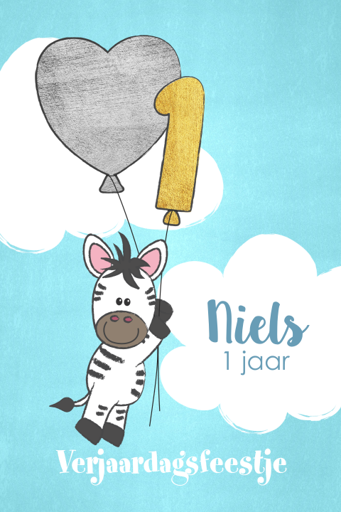 Uitnodiging kinderverjaardag met zebra en ballon 1 jaar